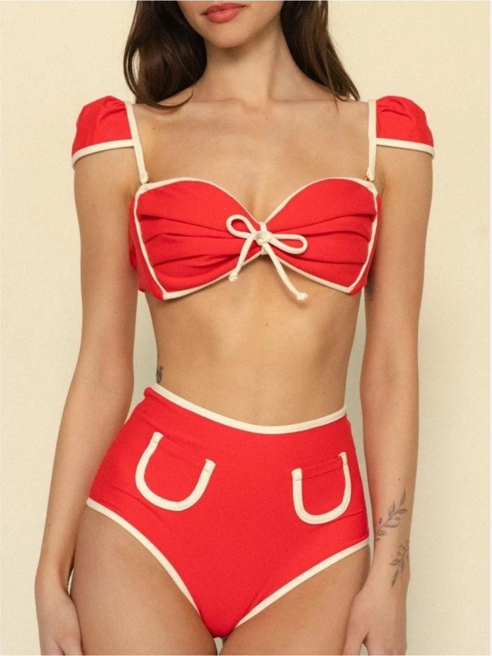 NWT Montce Cherry Cream Binded Cabana Bow Bikini 2 Piece